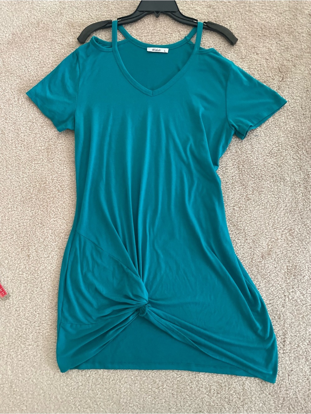 WEKILI Teal Twist Front Dress L Short Sleeve V Neck Strappy Shoulder
